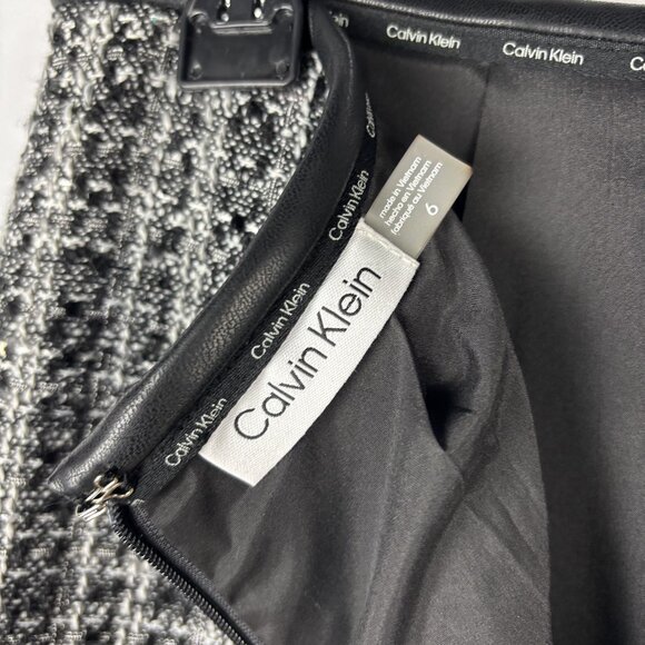 6 Calvin Klein Pencil Skirt Tweed Sequin Above Knee Mini Lined Faux Leather Zip - Picture 7 of 12